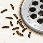 mall black drain fly larvae near a shower drain
