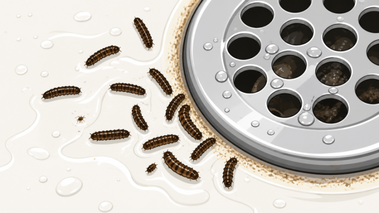 mall black drain fly larvae near a shower drain