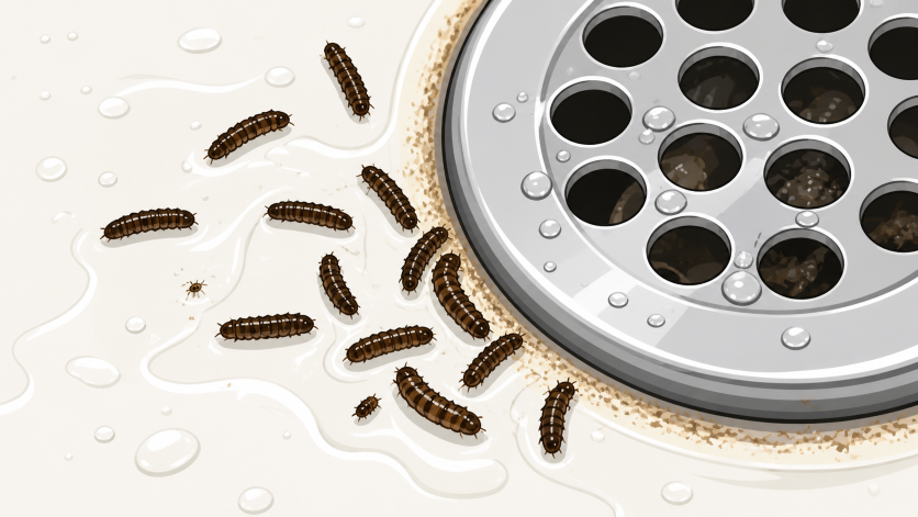 mall black drain fly larvae near a shower drain